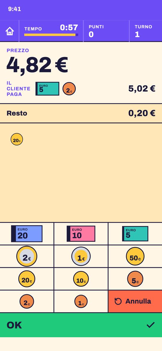 Una partita: prezzo 4,82 €, il cliente paga 5,02 €, il resto è 0,20 €